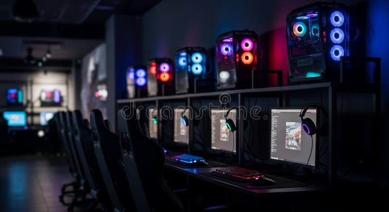 Rows Of Gaming Pcs In A Neon Lit Internet Cafe